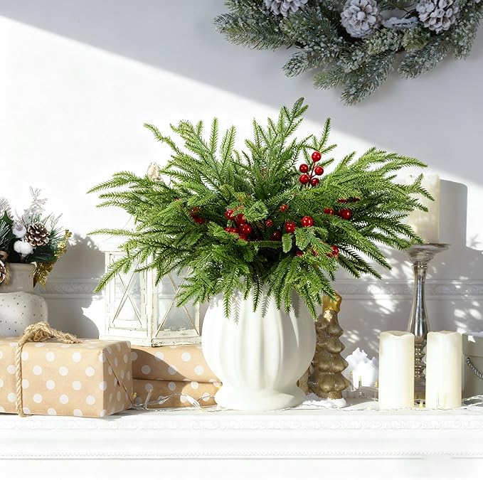 Watayo 60 Pcs Christmas Norfolk Pine Branches with Red Berry Stems, 14" Artificial Greenery Norfolk Pine Stems Sprigs, Fake Foliage Pine Needles Picks for DIY Craft Garland Home Decoration