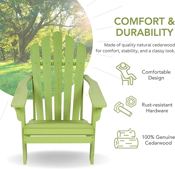Shine Company Westport Wooden Adirondack Chair, Outdoor Patio Firepit Chairs, Back & Seat Pre-Assembled, Lime Green