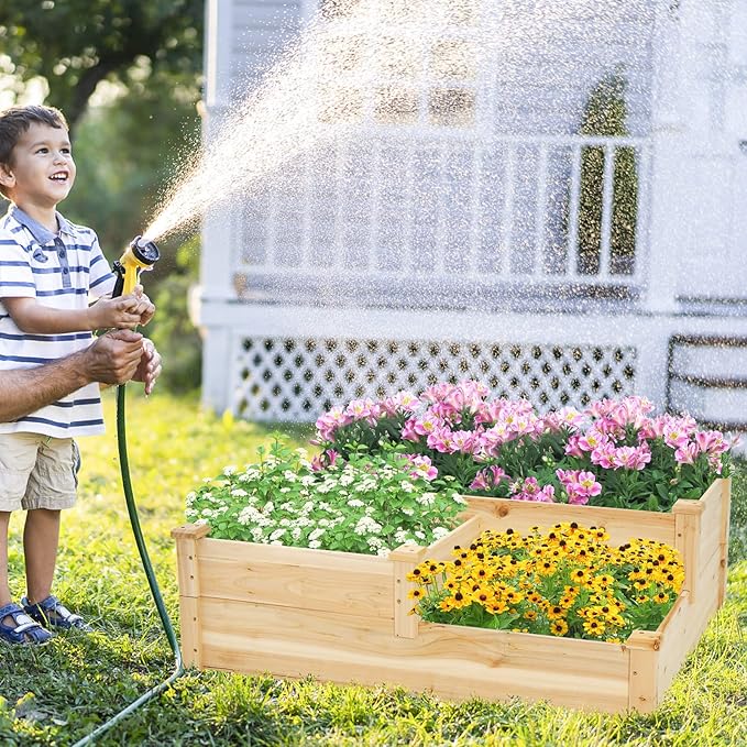 HAPPYGRILL 3-Tier Raised Garden Bed, Wood Elevated Flower Box with Open-Ended Base & Plug-in Connector, Outdoor Planter Raised Beds for Vegetables, Herbs & Fruits