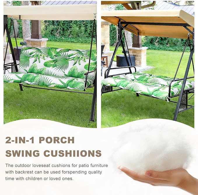 Porch Swing Cushion with Backrest,Waterproof Bench Cushion for Outdoor Furniture,2-3 Seater Replacement Thickened Swing Cushion with Ties,Patio,Outdoor,Backyard and Garden (Fresh Leafy,40x40")