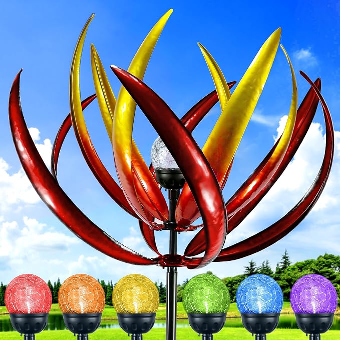 Wind Spinners Outdoor for Yard and Garden - Wind Sculptures & Spinners - 70 Inch Wind Spinner with Solar Powered Multi-Color Glass Ball Light for Yard Garden Backyard Lawn Decorations