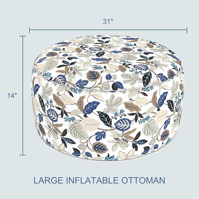 LVTXIII Indoor/Outdoor Large Inflatable Ottoman Pouf D31 x H14 Inch, Round Footstool with Handle, Weather-Resistant Portable Furniture for Patio, Camping, Beach, Breeze Leaves Beige
