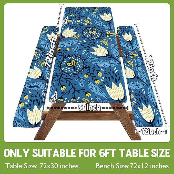 Picnic Table Cover with Bench Covers Waterproof Elastic Rectangle Tablecloth Camping Essentials Supplies Rv Car Travel Gear Must Haves Accessories Fitted Table Cloth Outdoor Road Trip Camper Gifts 6ft