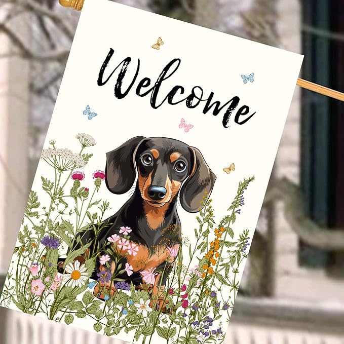 Floral Dachshund Garden Flag Spring Summer House Flags 28 x 40 Double Sided Flower Dog Yard Flags for Outside Large Outdoor Welcome Flags
