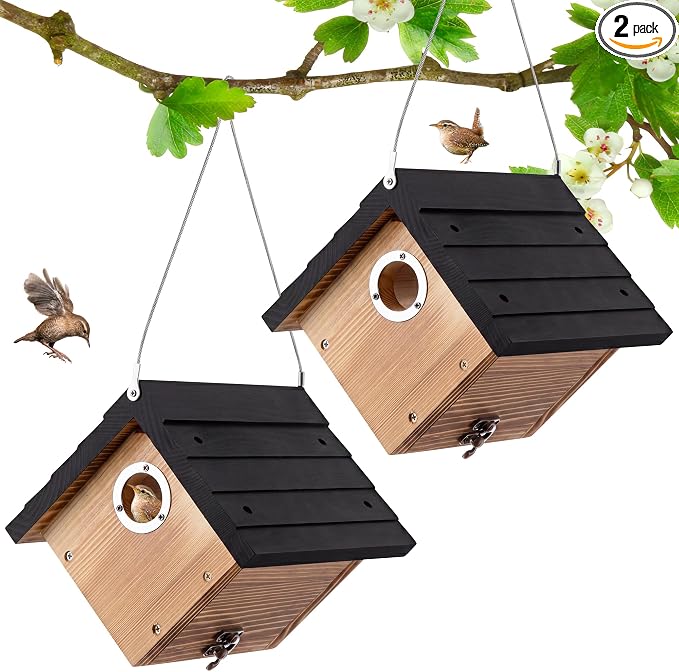 Dreyoo 2 Pack Wren House, 1-1/8'' Entrance Hole Hanging Wooden Wren Bird Houses for Outside with Metal Guard, Air Vents, Pine Wood for Chickadees (Black,Burnt Wood Color)
