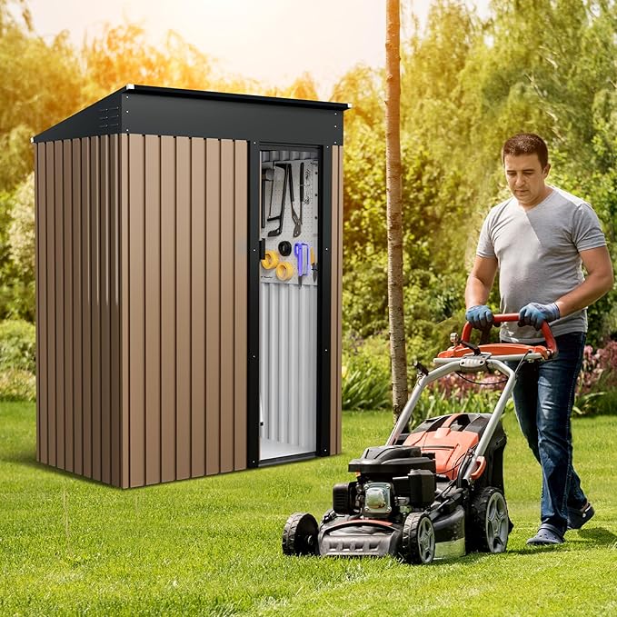 CuisinSmart Large Metal Storage Shed, 5 x 3 FT Outdoor Storage Shed, Metal Garden Tool Shed with Roof, Door & Lock, Waterproof and Anti-UV, for Patio Garden Yard, Brown