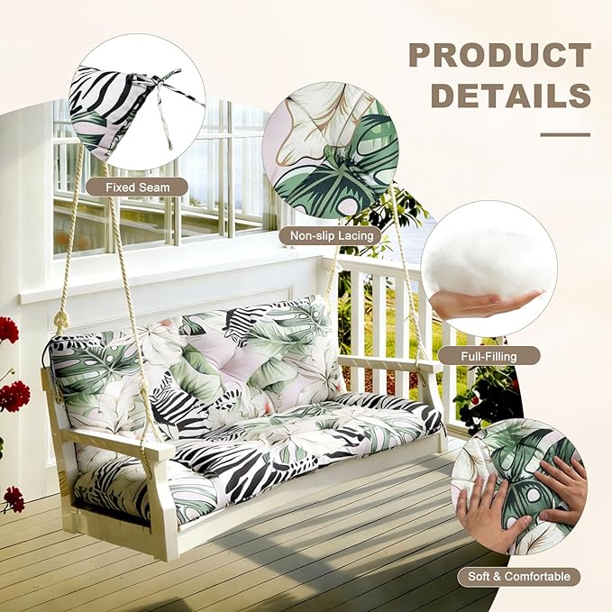 Porch Swing Cushion with Backrest,Waterproof Bench Cushion for Outdoor Furniture,2-3 Seater Replacement Thickened Swing Cushion with Ties,Patio,Outdoor,Backyard and Garden (Zebra Floral,60x40")