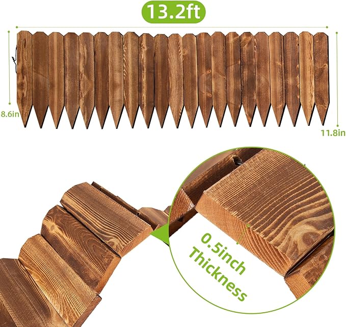 LINSHRY Wood Garden Fence, 11.8in (H) x 13.2ft (L) Wood Garden Edging, Outdoor Decorative Flower Bed Edging Borders for Yard Tree