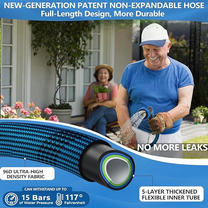 75FT Garden Hose, Lightweight Flexible Water Hose, 5/8" Kink Free Leak Proof Hose, Heavy Duty 96-Layer Woven with 3/4" Brass Fittings, 10 Function Nozzle for Yard Lawn Outdoor Car Wash(BlueBlack)