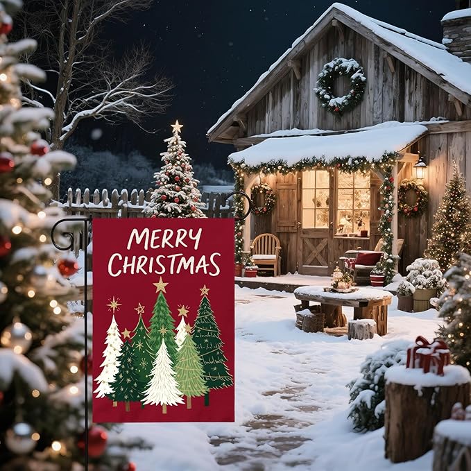 Merry Christmas Garden Flag 12x18 Inch Dark Red Green Xmas Tree Holiday Winter Decorative Yard Flags for Outside Double Sided Seasonal Outdoor Home Farmhouse Decoration Porch New Year Decor
