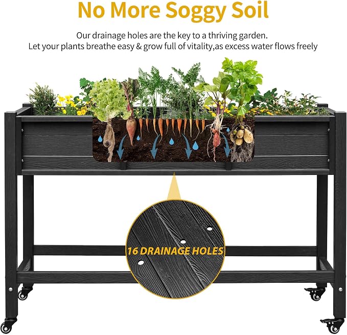 DWVO Raised Garden Bed HDPE with Wheels 47x18x31in Weather-Resistant Poly Wood Raised Planter Box Outdoor with Legs, Elevated Planter Box for Patio Balcony Backyard, Black