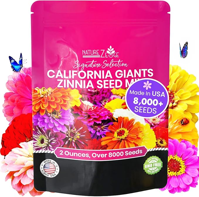 NatureZ Edge Zinnia Seeds for 2026 Planting Outdoors, Over 8250 Flower Seeds, 2 Oz, Non GMO Made in USA, Bulk Semillas De Flores para Sembrar, California Giants, Easy to Grow Zinnia Seed Mix