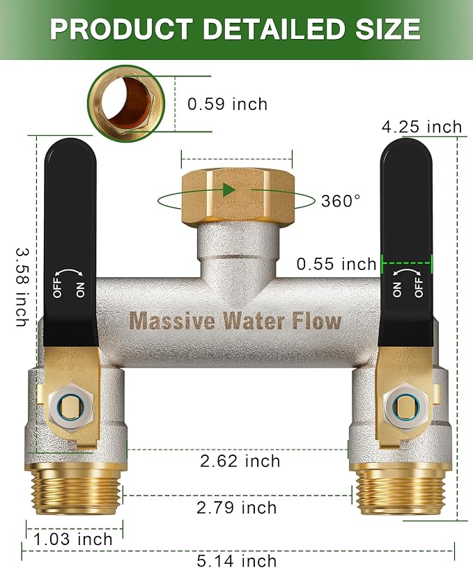 Hose Splitter 2 Way Heavy Duty, Garden Hose Splitter with 304 Stainless Steel Long Handle, Full Flow Brass Nickel Plated Water Hose T Spigot Splitter Adapter Connector, 3/4 - Inch GHT Thread (Black)