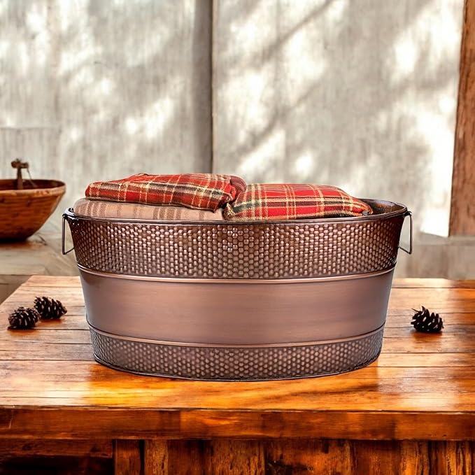 BREKX Copper Galvanized Tub for Indoor Firewood Storage Rack Log Holder - 25QT Heavy-Duty Portable Tub with Handles -Multi-Use for Planters, Blankets for Living Room, Etc