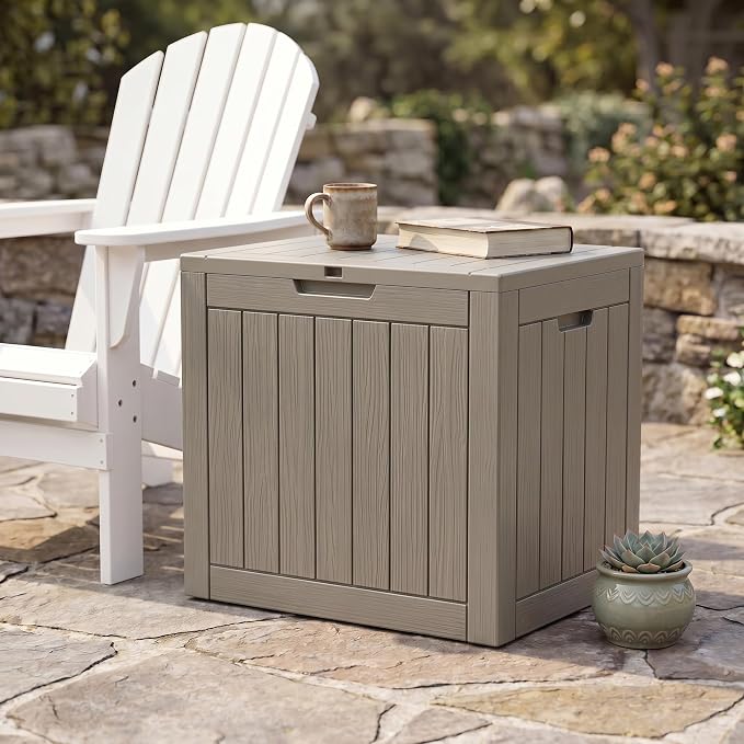 NicBex 30 Gallon Deck Box, Waterproof Resin Outdoor Storage Box Lockable for Patio Furniture, Fade Resistant Patio Side Table & Organizer for Garden Tools, Pool Floats, Outdoor Cushions, Light Coffee