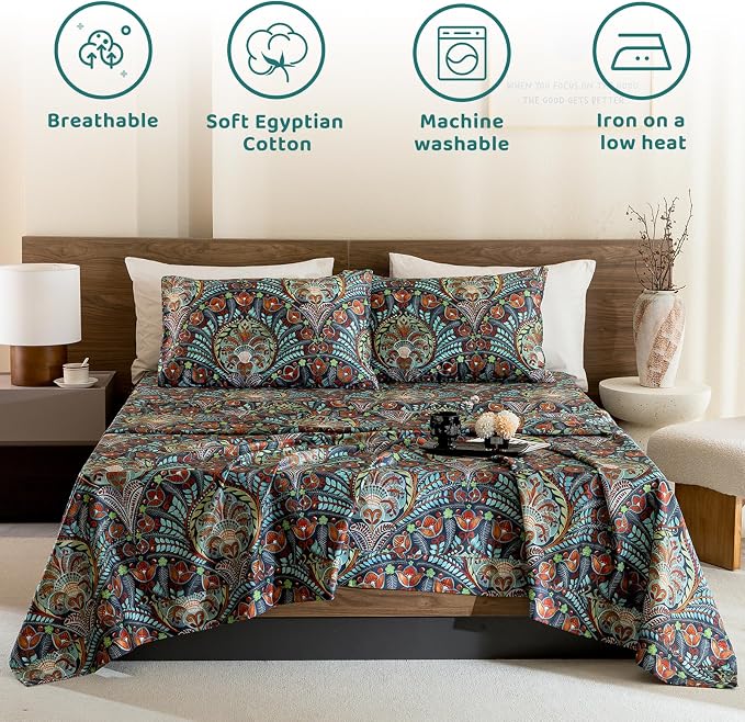 QSH Boho Sheets King Size - 100% Egyptian Cotton Bohemian Patterned Sheets Printed Bedding King Size Bed Sheets 17.5" Extra Deep Pocket 4pcs