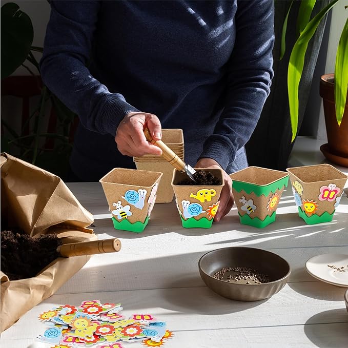 Ayfjovs Garden Paper Pot Craft Kit,15 Pack Square Paper Peat Pots with 105 PCS Adhesive Foam Stickers for Kids Science, Pre-School Craft, DIY Garden Kit, Classroom Decoration, Mother's Day