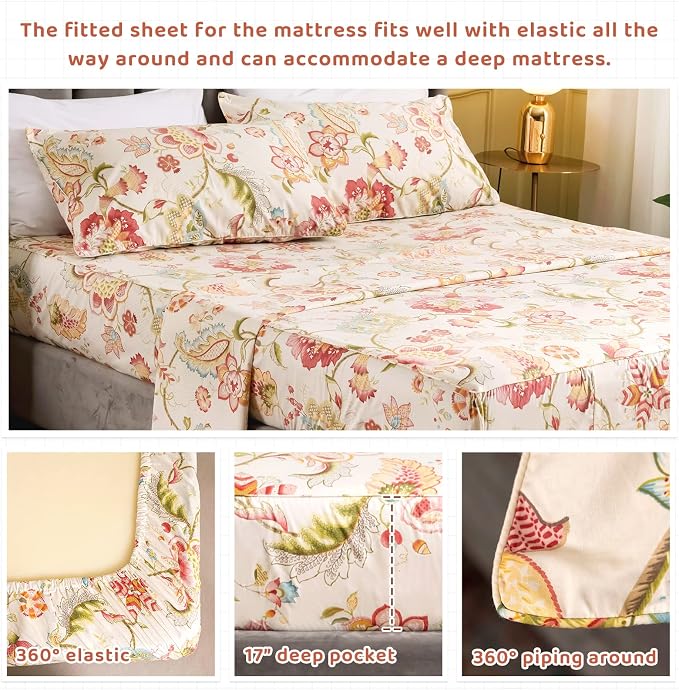 QSH Floral King Size Sheet Sets - Lotus Botanical Print Printed Bedding 100% Egyptian Cotton Sheets for King Size Bed Sheets with Deep Pockets Extra Soft and Breathable 4pcs