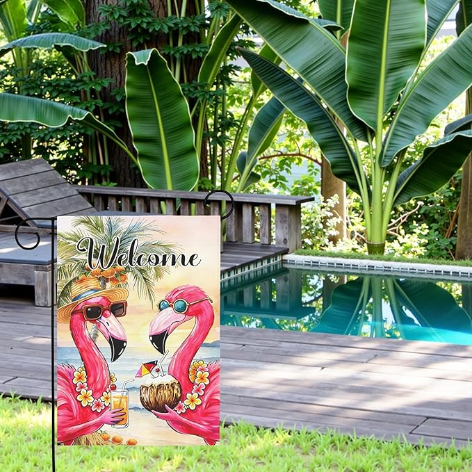 Welcome Garden Flag Flamingo Tropical Beach Scene Yard Flags Summer Coastal Island Double Sided Polyester Pink Flamingo House Banner for Lawn Pool Palm Tree Seaside Home Decor 12 x18 Inch