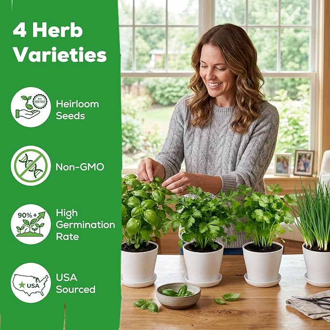 Indoor Herb Garden Starter Kit - Mothers Day Gifts - 4 Non GMO, Heirloom Culinary Herb Seeds, Unique Gardening Gift for Women, Mom, Her, Birthday, Housewarming, Plant Lovers