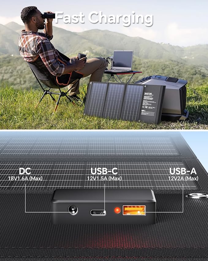 30W Portable Solar Panel 3 USB Ports Chargers (18V/1.6A Max), IP65 Waterproof Large-Capacity Storage Solar Panel, Fast Charging Foldable Panel for Camping,Hiking, Cell Phone,Tablet