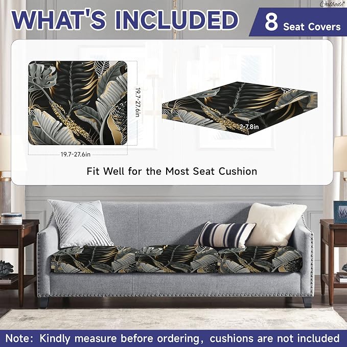 CALBODE 8 Pcs Stretch Outdoor Seat Cushion Covers, Botanical Chair Seat Cover for Patio Furniture Cushions Washable Reusable Indoor and Outdoor Couch Cover Replacement (Black&Gold Leaves, Cover Only)