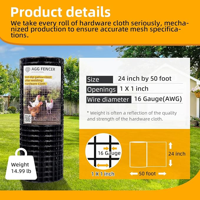 24in x 50ft Black Hardware Cloth 1 inch 16Ga PVC Coated Wire Mesh Vinyl Coated Fence, Welded Metal Chicken Wire Fencing Roll, Garden Plant Fencing, for Chicken Coop and Home Improvement