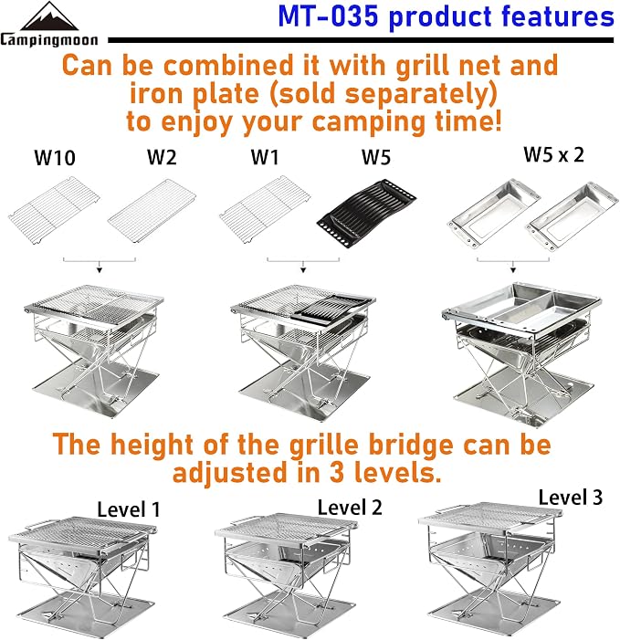 Campingmoon BBQ Grill Fire Pit Foldable Stainless Steel - Medium MT-035