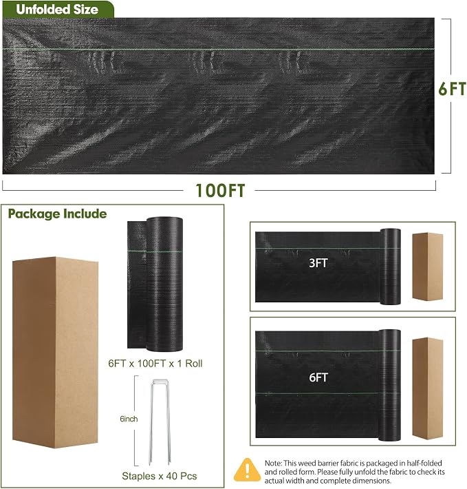 HongWay 6FT x 100FT Weed Barrier Landscape Fabric, Weed Control Weed Blocker Fabric Heavy Duty with 40 U-Shaped Stakes, Ground Garden Bed Cover Woven Geotextile Fabric for Underlayment, Driveway