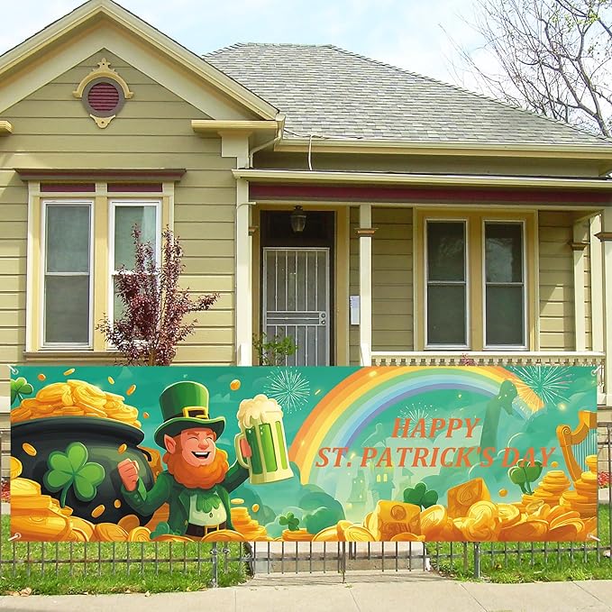 10x3 ft Extra Large Happy St. Patrick's Day Banner Outdoor 115''x35'' Happy St. Patrick's Day Banner for Fence Outside Garden Large Banners Yard