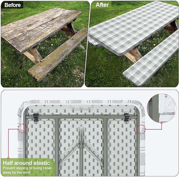 Play Tailor Picnic Table Cover with Bench Covers Camping Essentials Waterproof Windproof Camping Tablecloth with Drawstring Bag, Fitted Rectangle Tables and Seats, 60in, Grey Checkered