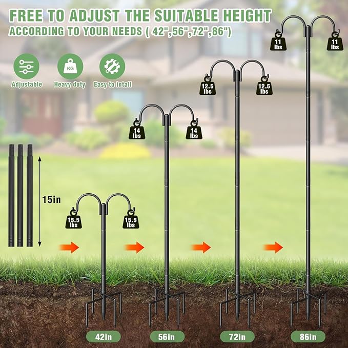Double Shepherds Hooks for Outdoor, Heavy Duty Bird Feeder Pole with 5-Prong Base - Rust-Proof, Adjustable Bird Feeder Hanger for Garden, Wedding Decor & Hanging Plants