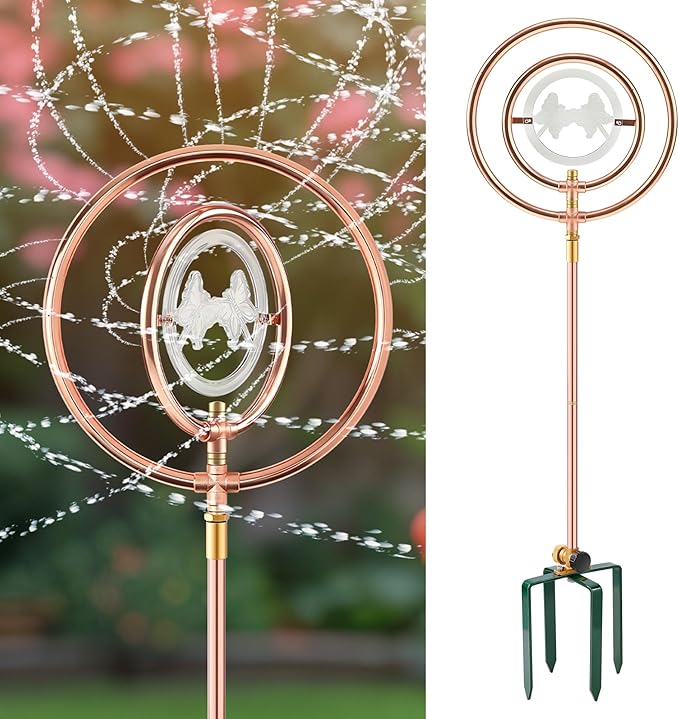 34" H Copper Coated Stainless Steel Ornamental Sprinkler, Corrosion Resistant Garden Rotating Sprinkler 360 Degree Shape Decorative for Lawn Garden Landscape(Double Ring Clear Butterfly)