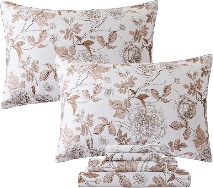 FADFAY Sheets Set Twin Vintage White and Brown Floral Bedding Elegant Peony Sheets Set Shabby Rose Farmhouse Bedding 100% Egyptian Cotton 800 Thread Count Deep Pocket Fitted Sheet 4Pcs, Twin Size