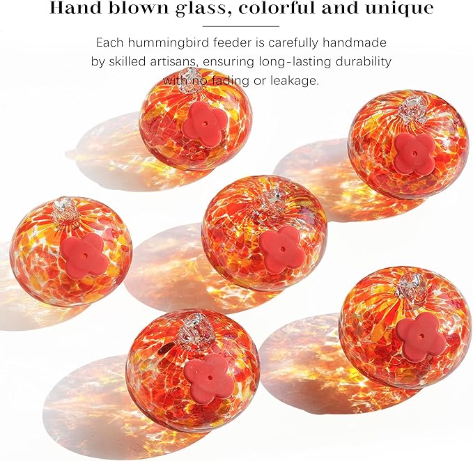 QFkris Set of 6 Blown Glass Hummingbird Feeder for Outdoors Hanging, Small Hummingbird Feeder with Flower Feeding Ports for Outside Garden Backyard Decor, Gardening Gifts for Women Mom(Orange)