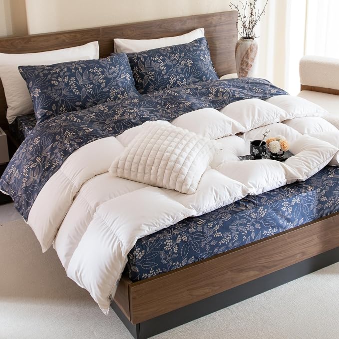 QSH Floral Egyptian Cotton Sheets Queen Size - Elegant Navy Botanical Pattern Printed Bedding Sheets Queen Size Bed Extra Soft and Breathable 4pcs Deep Pockets Bed Sheets