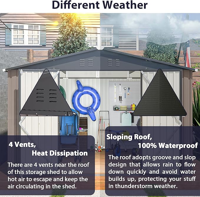 KEIKI Storage Shed 10x10 FT, Large Metal Tool Shed for Outdoor Storage, Galvanized Steel Garden Shed with Lockable Doors for Patio, Backyard, Lawn, Brown