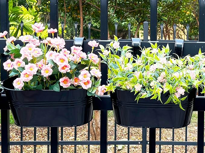 12" Balcony Railing Planters, Outdoor Hanging Planter for Fence, Stylish Metal Porch Deck Flower Pot for Herbs & Succulents (Black, Pack of 4)
