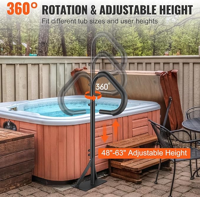 VEVOR Hot Tub Handrail, 360 Rotatable Spa Side Handrail with 48"-63" Adjustable Height, Rust-Proof Aluminum Spa Hot Tub Hand Rail with Slide-Under Mount Base for Indoor & Outdoor, 600LBS Capacity