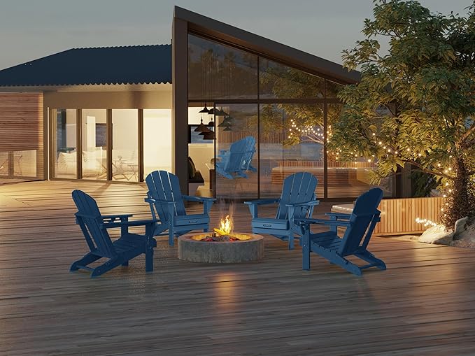 MUCHENGHY Folding Adirondack Chairs HDPE Weather Resistant 6 Pack, Patio Firepit Chairs, Sturdy Outside Chair, Lawn Chairs, 15min Assembly 380lb, Royal Blue