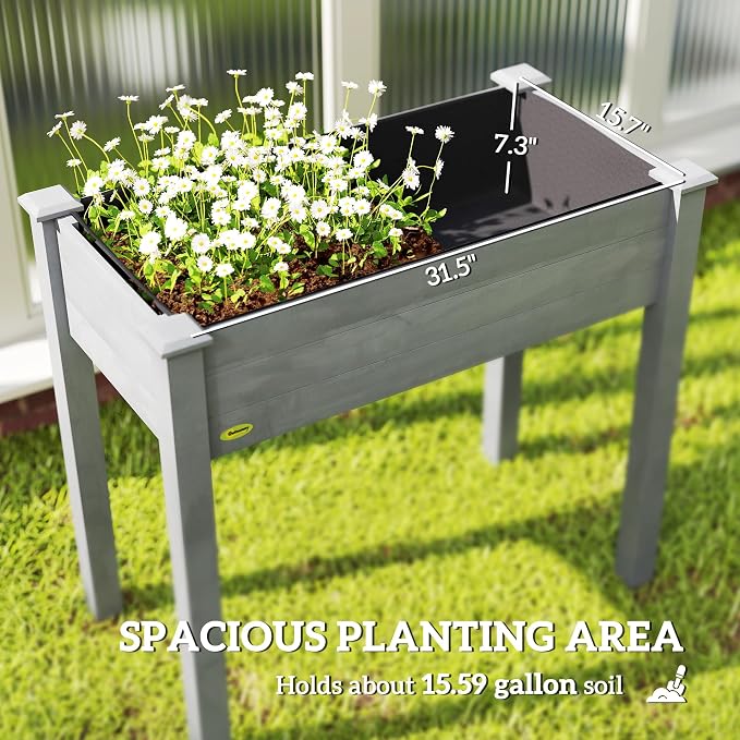 Outsunny Raised Garden Bed with Legs, 34" x 18" x 30", Elevated Wooden Planter Box, Self-Draining with Bed Liner for Vegetables, Herbs, and Flowers Backyard, Patio, Balcony Use, Dark Gray