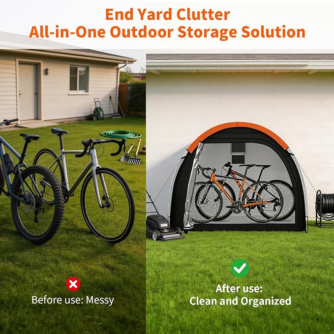 Bike Storage Tent with Rain Cover & Mesh Window, PU5000 Waterproof Bike Shed for 2 Bikes, Portable Outdoor Storage Shelter for Bicycle, Motorcycle, Lawn Mower, Garden Tools (6.6x2.6x5.6FT)