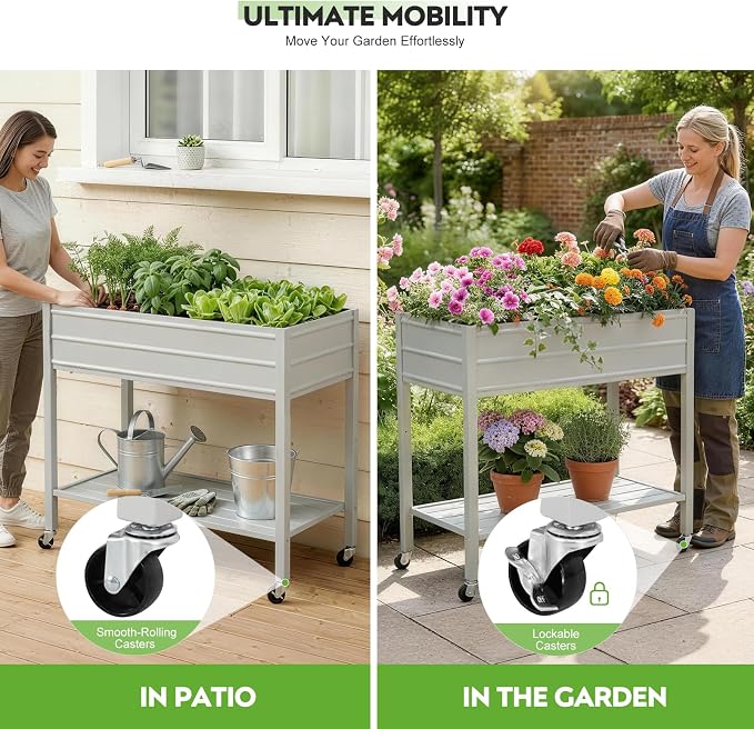32" Tall Galvanized Raised Garden Bed with Legs Wheels & Shelf, Elevated Planter Box Outdoor for Vegetables, Herbs & Flowers, Patio & Backyard, Garden Bed with 400lb Capacity，Grey