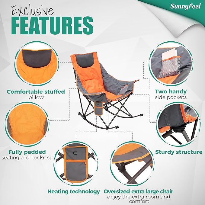 SUNNYFEEL Oversized Heated Rocking Camping Chair 2 Pack, Fully Padded Patio Chair with Side Pocket, High Back Portable Lawn Recliner with Carry Bag, Outdoor Rocker Chair for Adults Heavy Duty 500 LBS