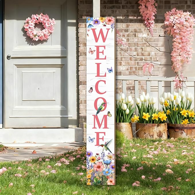 Hummingbird Welcome Sign for Front Door, Summer Porch Sign Tulip Flowers Outdoor Yard Sign Seasonal Tall Floral Welcome Porch Sign Wildflowers Wood Door Sign for Garden Patio Wall Home Decor
