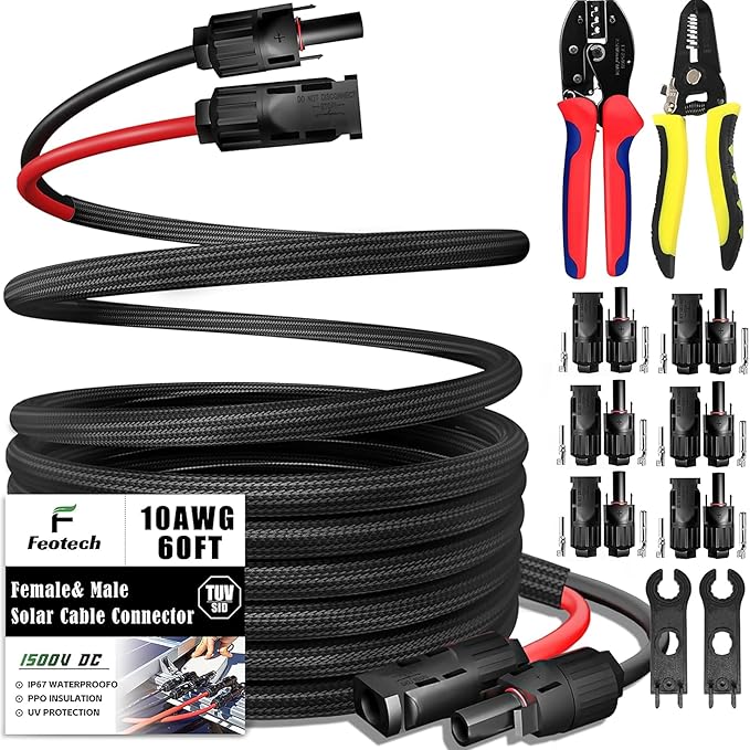 Twin Wire 60 Feet Solar Extension Cable 10AWG with -IP67- Female and Male Connector, Bonus Four Pairs of Free Connector Solar Panel Adapter kit Tools (6 Pairs connectors)