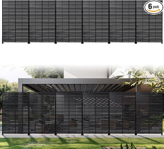 Outdoor Privacy Screen 72" H HDPE Decorative Panel Freestanding Privacy Fence with Stand, Privacy Screens with Louvered 6 Panels, Weather-Resistant Panel Fence for Patio, Balcony, Pool,Black