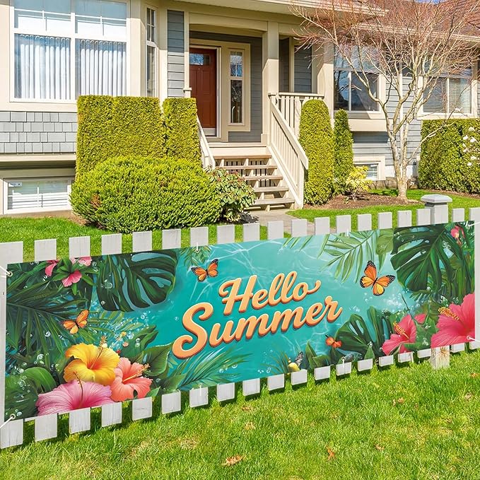 10x3 ft Extra Large Summer Banner Outdoor 115''x35'' Hello Summer Banner for Fence Outside Garden Large Flower Banners Yard