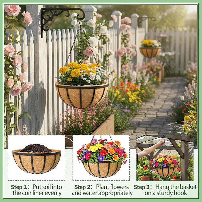4 Pack 14 Inch Round Hanging Basket with Coco Liners， Metal Hanging Baskets for Plants Outdoor， Hanging Planter with Chain Garden Products for Outdoor, Porch, Lawn, Garden
