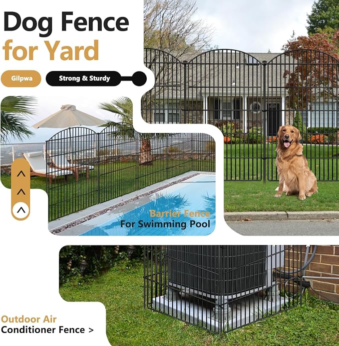 10 Panels Decorative Garden Metal Fence, 48in (H) x 24ft (L) No Dig Dog Fencing for Outdoor Yard, Rustproof Animal Ground Stakes Temporary Panel Border Barrier for Patio Flower Bed Camping